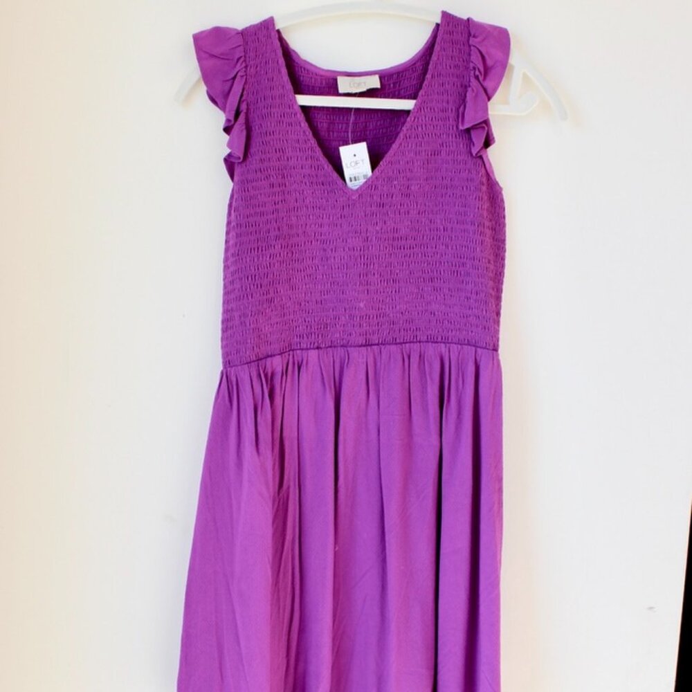 LOFT Bright Purple Smocked V‑Neck Ruffle Sleeve Mini Dress